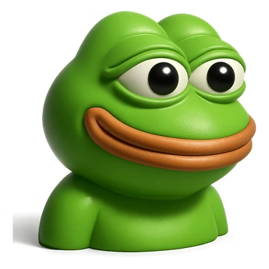 make a pepe in bright green smiling with thought bubble looking at right side in 3d style, good highlights and shadows, drop shadows sticker