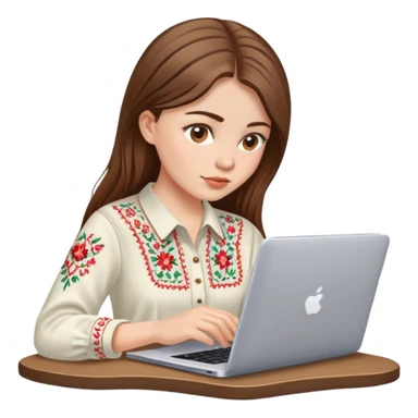 A Ukrainian girl with brown hair in an embroidered shirt works at her laptop sticker