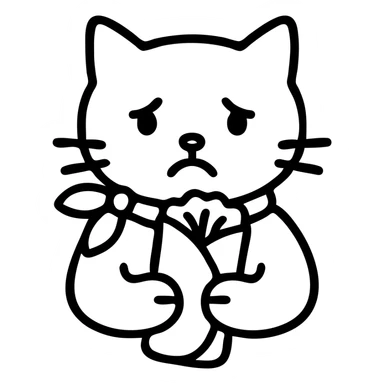 white cat with pink ribbon, sad expression, holding a dürüm, icon style sticker