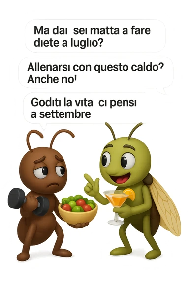 EMOJI STILE IPHONE 3D DI una cicala e una formica che parlano tra loro, la formica ha nella mano destra un manubrio da palestra e nella nella mano sinistra una bowl di insalata, la cicala invece ha un cocktail in mano, la cicala prende in giro la formica E LE DICE IN 3 FUMETTI DIFFERENTI: "Ma dai, sei matta a fare diete a luglio?”
“Allenarsi con questo caldo? Anche no!”
“Goditi la vita, ci pensi a settembre.”
 sticker