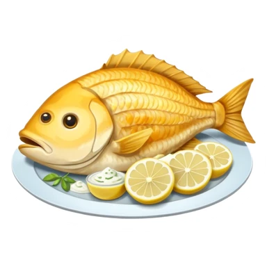 Create a realistic fried fish piece served with sauce & garnish. sticker
