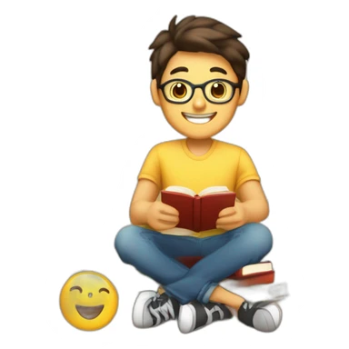 joven estudiante con muchos libros, sonriente y muy feliz con un libro en sus manos y en su cabeza, junto a muchos libros y una lampara sticker