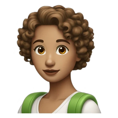 curly girl with brown bob hair brown eyes in AirPods Pro green sticker