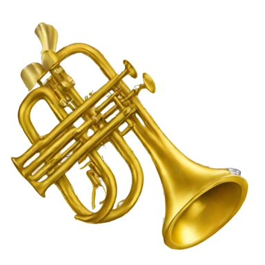 A golden trumpet with a golden mouthpiece. There a ermutig notes coming from the bottom out of the trumpet.  sticker