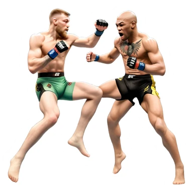 An MMA showdown between Conor McGregor and Anderson Silva in the octagon. McGregor is executing a jumping strike, while Silva skillfully deflects the attack. The background shows the UFC octagon with roaring fans and vibrant energy. Transparent background. sticker