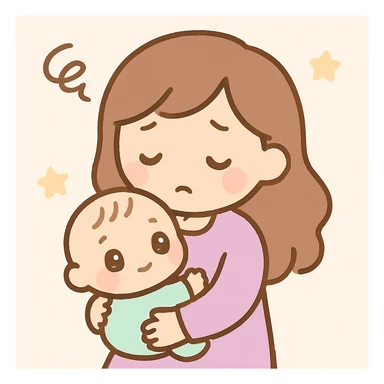 a tired woman holding a baby, soft, gentle illustration style sticker