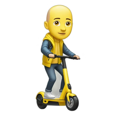 bald man with a flashy yellow cycling helmet on a xiaomi e-scooter whearing a security yellow jacket sticker