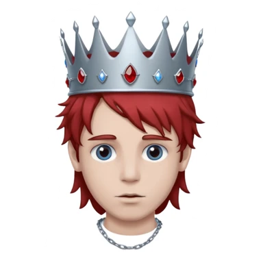 grey boy head with right eye blue and left eye red. he has messy brown hair and a silver crown with rubies on it sticker