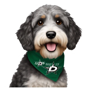 Aussiedoodle wearing a neck bandana with the NHL Dallas Stars hockey team logo sticker