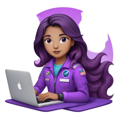 girl astronaut with purple suit, lashes, long ombre black/brown wavy hair and one macbook sticker
