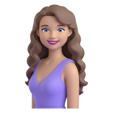 chic emoji of a pretty woman smiling sweetly, with long, slightly curly light ash brown hair, blue eyes, nude lipstick, wearing a snug light purple (almost lilac) dress, elegant and stylish vibe sticker