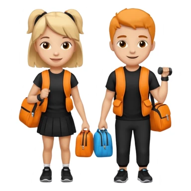 light skin students girl and boy with school bag full of books on back and dumbell in hand. Clothes are in black and orange colours. They are going to the gym sticker