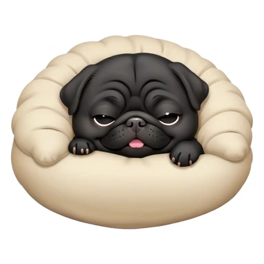 Cinematic Meme-Worthy Chubby Sleeping Black Pug Portrait Emoji, Head resting peacefully with a contented smile, showcasing a delightfully chubby build and a luxuriously soft black coat, eyes shut in a serene nap, Simplified yet hilariously adorable features, highly detailed, glowing with a soft, drowsy light, high shine, relaxed and utterly lovable, stylized with an air of playful laziness, bright and heartwarming, soft glowing outline, capturing the essence of a comically sleepy companion, so meme-worthy it feels like it could instantly become the next viral sensation of adorable slumber! sticker