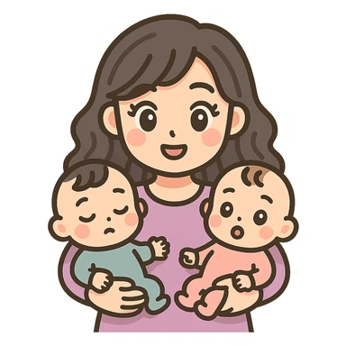 cute young woman with expressive facial features and eyes, long wavy hair, holding two babies in bodysuits, icon-color-outlined style, detailed shadows and highlights, thin clean contours, soft rounded shapes, pastel palette #98B5BC, #B5B3C1, #C9A3C9, #E4C0CA, #F7DCD1, #F7C0AA, modern Japanese pop art and sticker aesthetic, soft lighting, transparent background sticker