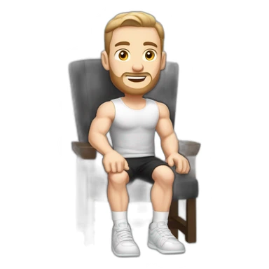 Pale skinned Fit Man With the biceps and dark brown hair in black shirt, gray sports shorts and white Sneakers Sitting on a chair sticker