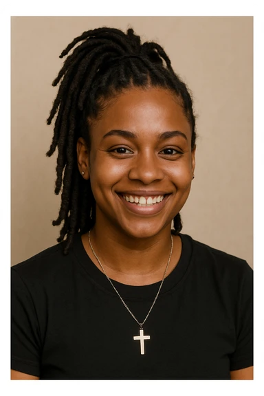 portrait of a brown-skinned person with a cross necklace and dreadlocks in a high ponytail, smiling, simple background sticker