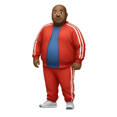 fat man in red sweatsuit with white stripe down middle sticker
