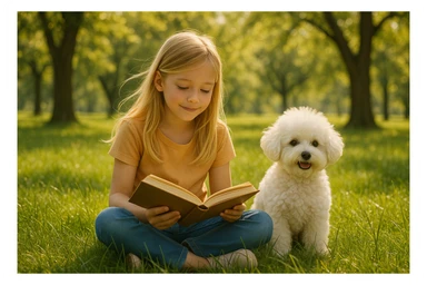 girl with blond hair reading with a bichon dog, outdoors in a park sticker