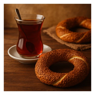 a cup of tea with a simit, the classic duo of Turkish breakfast, creating a warm and cozy atmosphere sticker