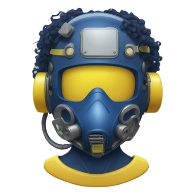 Dark Blue curly hair cyborg head with yellow respirator mask and circuitry sticker