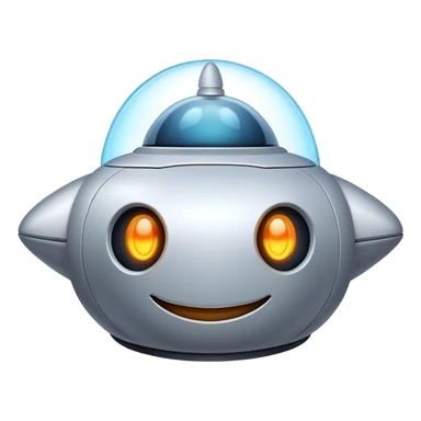 Design a simple, friendly spaceship with a smooth, rounded shape. Add a clear 'face' on the front using glowing lights for eyes and a curved line for a smile, giving it personality. Use a plain background to keep the focus on the ship sticker