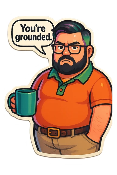 A realism art illustration art style of handsome plus-size man with black hair and a purple to green ombre streak, black beard, blue eye, glasses, dressed like a dad, holding a coffee mug, You’re grounded speech bubble, frowning  sticker