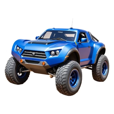Satan’s (post race) ultra blue wide-body Dirty and dented Local Motors Rally Fighter off road race car hot rod trophy truck-style flying turning a tight corner (silver wheels) sticker