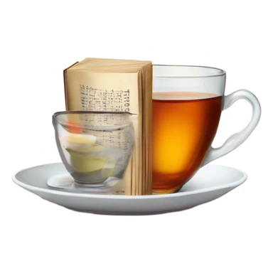 China tea cup with tea and a starch of books with glasses on top sticker