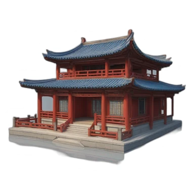 the facade of a medium-sized Chinese-style house with a blue roof and red wooden structures sticker