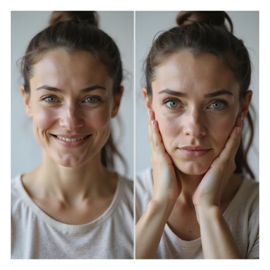 realistic 4K woman wearing an insole, smiling relieved in first steps, then expression changes to slight discomfort to show momentary benefit sticker