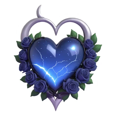 gothic heart with glowing silver seams holding it together, midnight blue glass, silver crescent moon, black roses, stardust, lightning, rain, cosmic style sticker