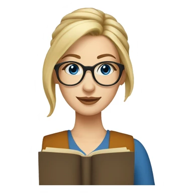 Woman librarian blonde hair In a Bun brown glasses blue eyes with a book sticker