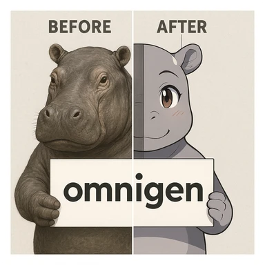 two hippo holding sign of omnigen, half picture 1 hippo is realistic another half is the anime of that same second hippo, with before after mark sticker