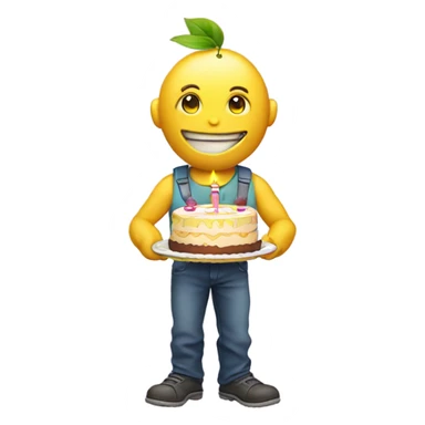 A  humanoid lemon with a birthday cake sticker