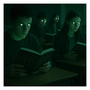 students sitting at desks, glowing eyes and lost gaze, reading manuals with covers showing Matrix code, manipulation atmosphere, cold and green lights, 4K quality sticker