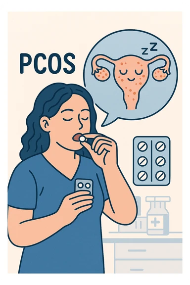 Donna con pcos che prende la pillola, e la pillola mette a riposo le ovaie sticker