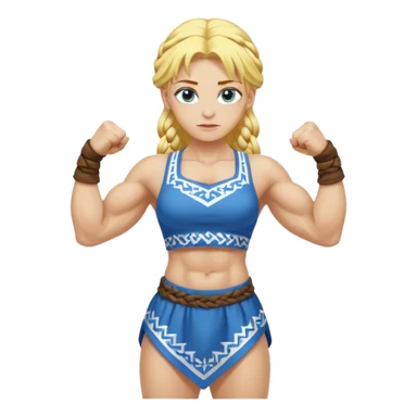 slavic girl, medium size yellow hair, flexing muscles, full body, muscled, with traditional slavic outfit, blue eyes sticker