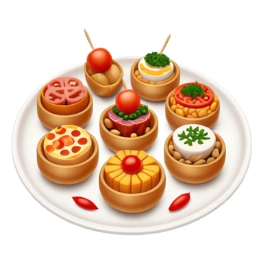 Tapas (4 Pintxos) Cinematic Realistic Tapas Dish Emoji, depicted as an assortment of 4 pintxos elegantly arranged on a plate, rendered with lifelike textures and vibrant, inviting lighting. sticker