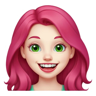Young girl with pale skin, full pink lips smiling with big teeth, red long hair, big brown eyes with a hint of green, big mouth sticker
