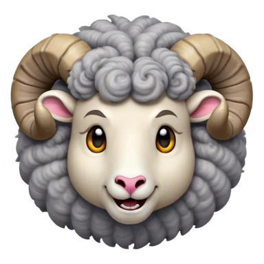 Cinematic Comical Ram Portrait Emoji, Head tilted dramatically with an exaggeratedly amused expression, featuring a striking woolly grey fur with impressively curled horns, wide, expressive dark eyes filled with playful disbelief, Simplified yet hilariously expressive features, highly detailed, glowing with a slightly sassy glow, high shine, dramatic yet playful, stylized with an air of cheeky mischief, bright and endearing, soft glowing outline, capturing the essence of a spirited and over-the-top ram, so meme-worthy it feels like it could butt its way into internet fame instantly! sticker