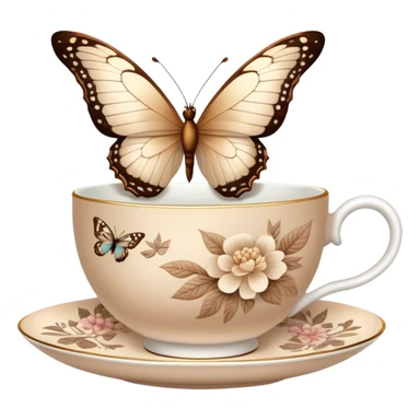 A delicate butterfly with pastel beige  wings, resting on the edge of a perl porcelain teacup adorned with intricate brown floral patterns. sticker