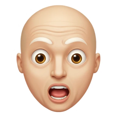 Cabaret portrait of a bald man with a whitened face and made-up eyes and mouth, a huge, wide-open mouth and a startled look sticker