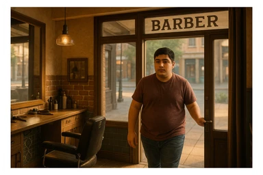 Shu odamni sartaroshxonaga kirib kelayapti  o'smirin davri rakurs ichkaridan sartaroshxona eski ham yangi ham emas bolani juda semiz qilib yuborma  u huddi sartaroshxonani  hammadan oldin kelib ochsin sticker