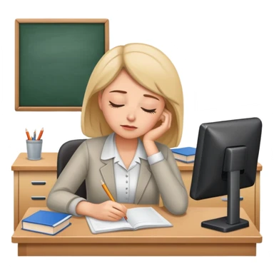 Tired woman teacher asleep at desk, classroom setting sticker