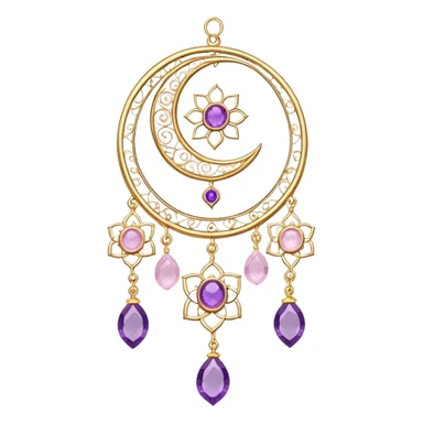 Epic beautiful gorgeous cute gold suncatcher, threads with shiny sparkly amethyst and rose-quartz gemstones, flowers, crescents-moons sticker