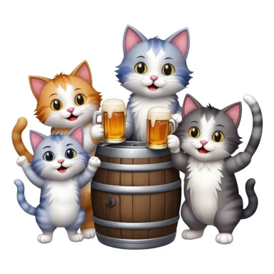 group of 7 cats standing around a beer keg, drinking, all with goofy playful expressions sticker