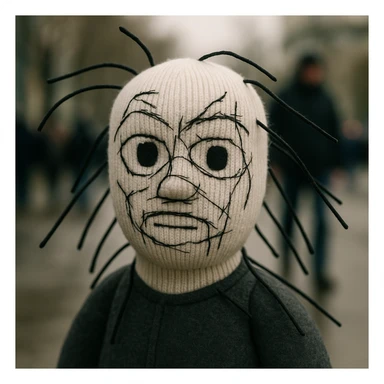 The mask is a full-head, white knitted balaclava with a tight ribbed texture. It features two asymmetrical eye openings and a partially exposed mouth area. Black thread is stitched across the surface in chaotic, abstract lines that trace facial features, giving a hand-drawn effect. Several black cords extend outward from the mask, varying in length and direction, adding a sculptural, almost organic appearance. The overall look is bold, handcrafted, and visually striking. sticker