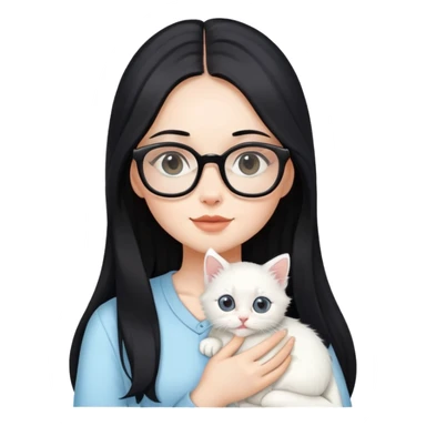 Beautiful girl with long black hair and glasses holding a white kitten sticker