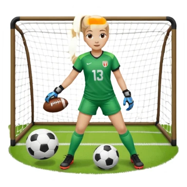 Make a dirty blonde football goalkeeper with goalkeeper gloves on holding a football. The girl is light skinned and wearing a football kit and football shoes. Standing in front of football goal. Wearing a ponytail with the dirty blonde hair sticker