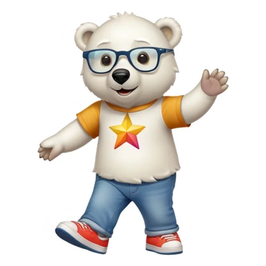 friendly anthropomorphised polar bear walking, excited expression, wearing shirt, jeans, trainers, oversized colorful star glasses sticker